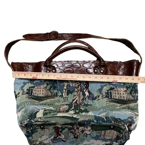 Douglas Women's Tote Shoulder Bag Blue Brown Leather Strap Golf Vintage Tapestry - Picture 4 of 9